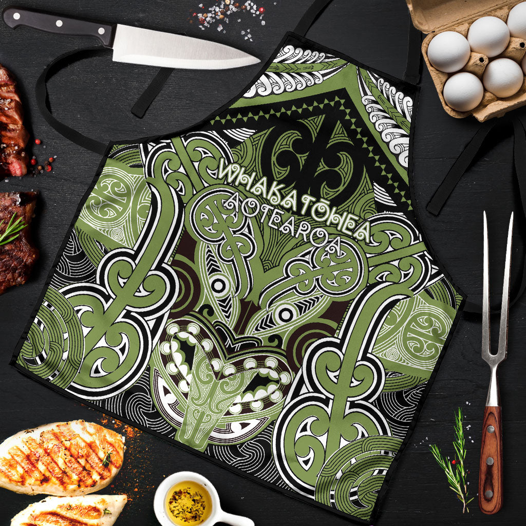 Aotearoa Iwi Whakatohea Apron Maori Kowhaiwhai Pattern LT19 Olive Green - Polynesian Pride