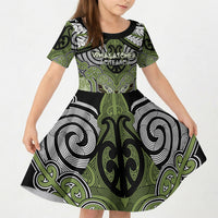 Aotearoa Iwi Whakatohea Personalised Kid Short Sleeve Dress Maori Kowhaiwhai Pattern LT19 KID Olive Green - Polynesian Pride
