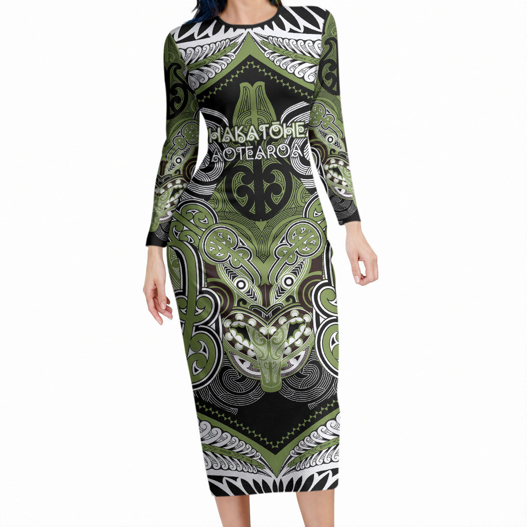 Aotearoa Iwi Whakatohea Personalised Long Sleeve Bodycon Dress Maori Kowhaiwhai Pattern LT19 Long Dress Olive Green - Polynesian Pride