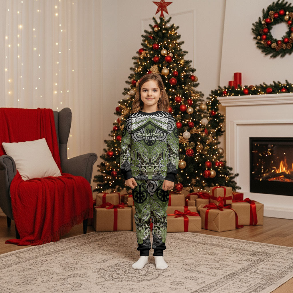 Aotearoa Iwi Whakatohea Personalised Christmas Pajama Set Maori Kowhaiwhai Pattern LT19 Kid Olive Green - Polynesian Pride
