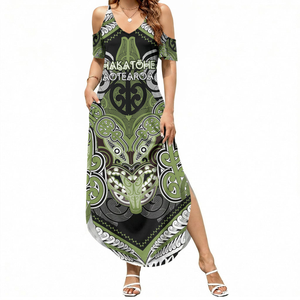 Aotearoa Iwi Whakatohea Personalised Summer Maxi Dress Maori Kowhaiwhai Pattern LT19 Women Olive Green - Polynesian Pride