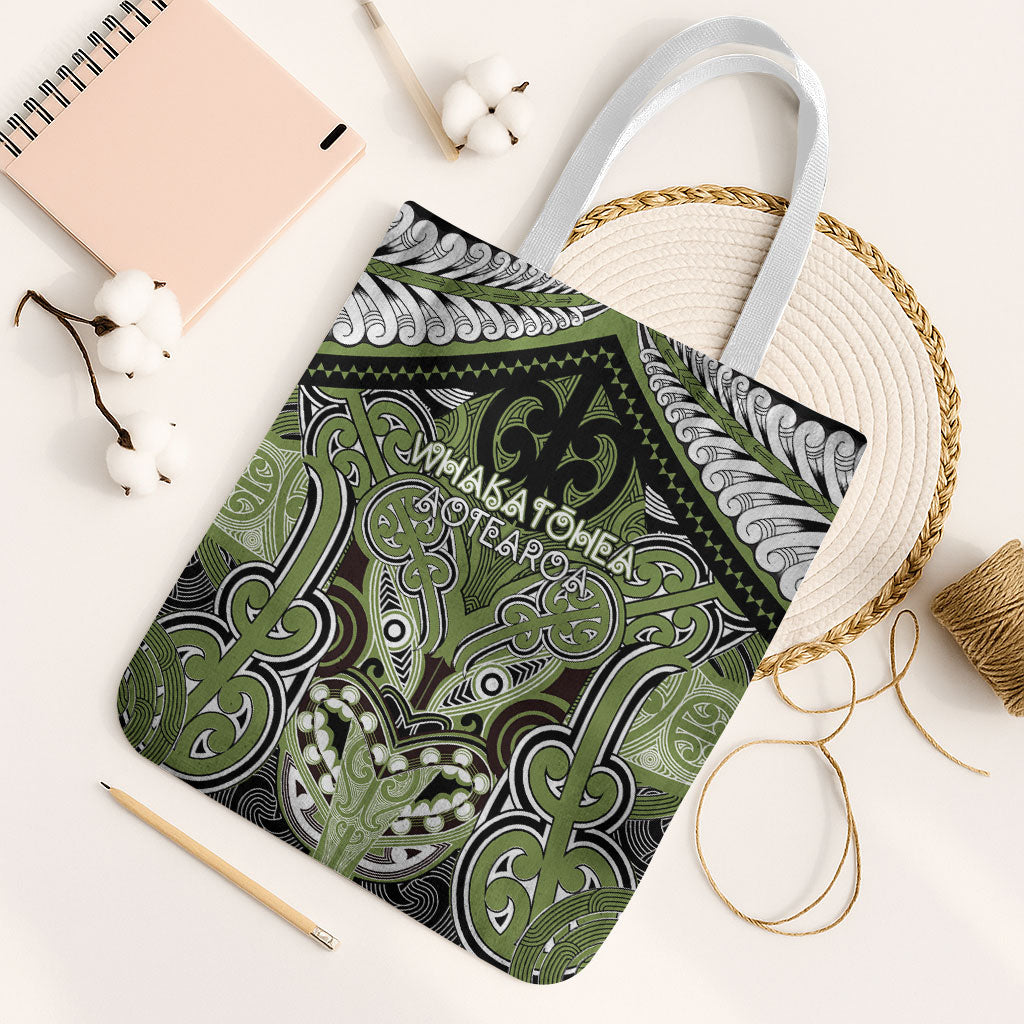 Aotearoa Iwi Whakatohea Tote Bag Maori Kowhaiwhai Pattern LT19 White Strap One Size Olive Green - Polynesian Pride