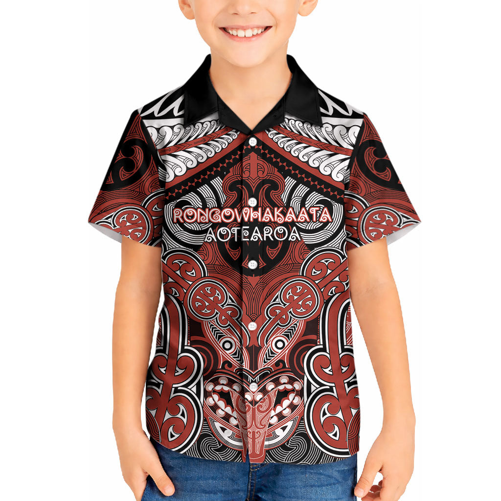 Aotearoa Iwi Rongowhakaata Personalised Kid Hawaiian Shirt Maori Kowhaiwhai Pattern LT19 Kid Red - Polynesian Pride