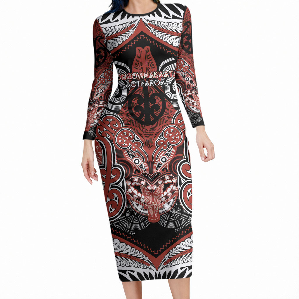 Aotearoa Iwi Rongowhakaata Personalised Long Sleeve Bodycon Dress Maori Kowhaiwhai Pattern LT19 Long Dress Red - Polynesian Pride