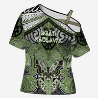 Aotearoa Iwi Ngati Raukawa Personalised Cross Shoulder Shirt Maori Kowhaiwhai Pattern LT19 Female Green - Polynesian Pride