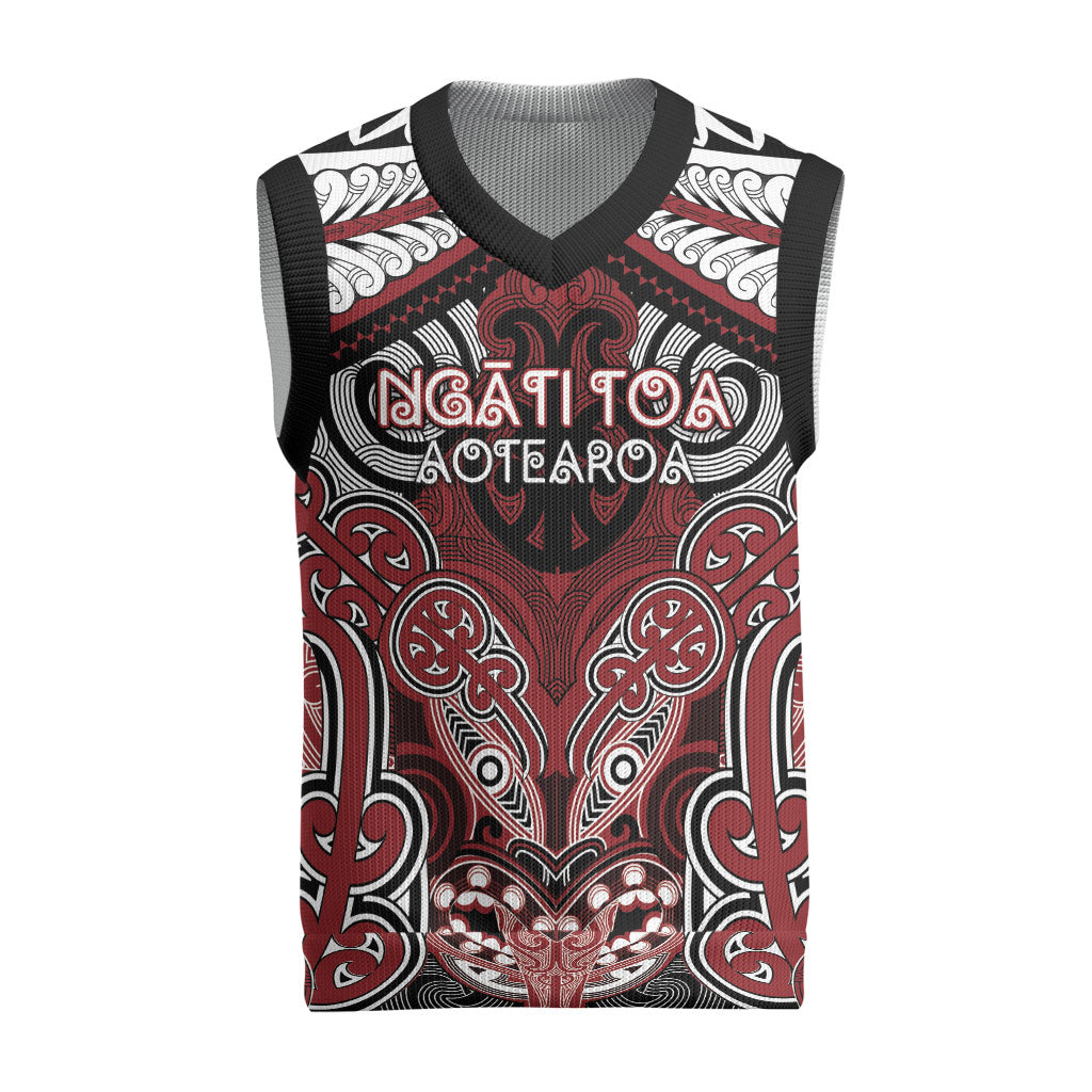 Aotearoa Iwi Ngati Toa Personalised Christmas Knitted V-Neck Vest Maori Kowhaiwhai Pattern LT19 Red - Polynesian Pride