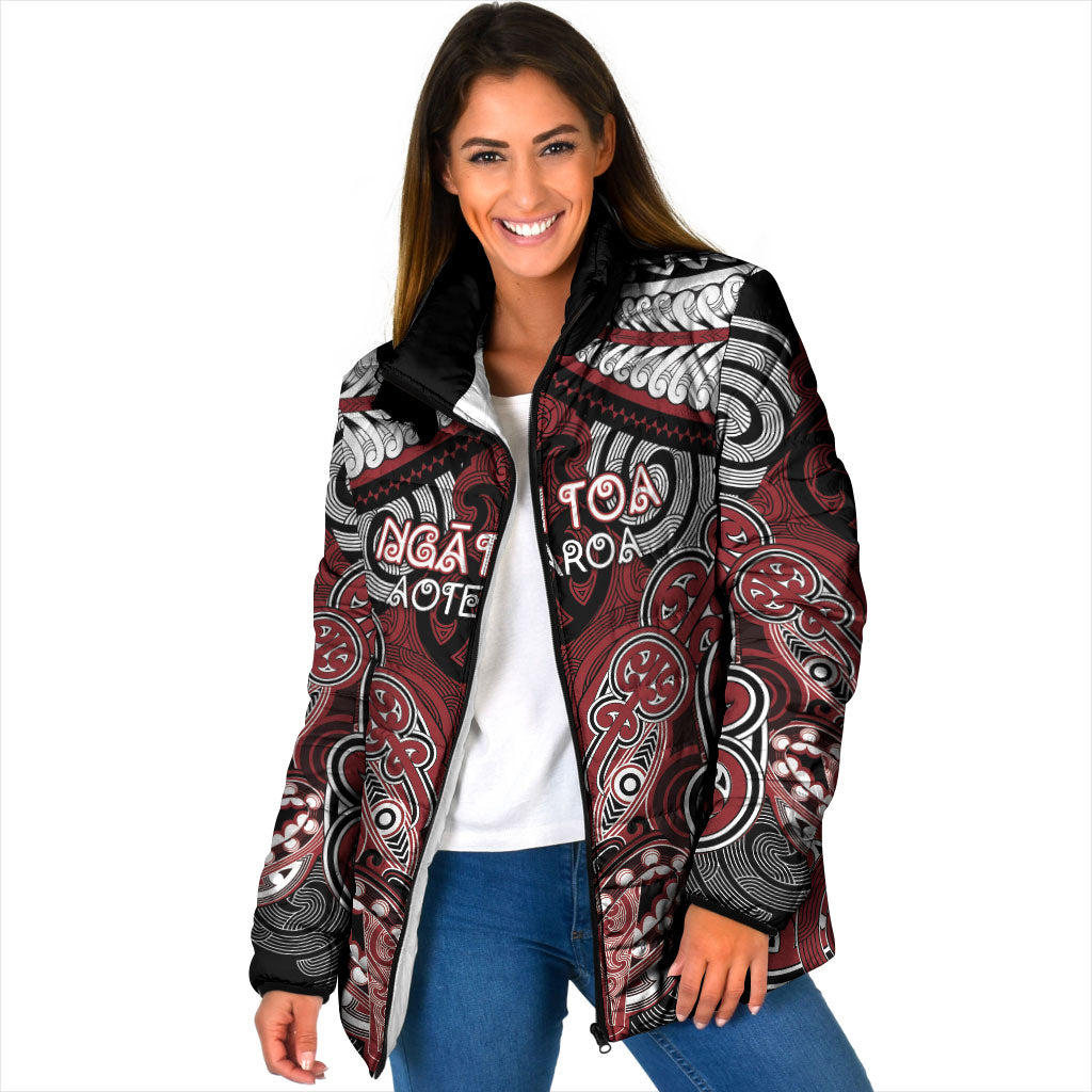 Aotearoa Iwi Ngati Toa Personalised Padded Jacket Maori Kowhaiwhai Pattern LT19 Women Red - Polynesian Pride