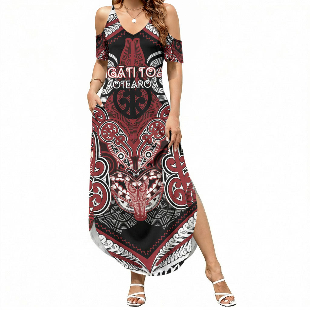 Aotearoa Iwi Ngati Toa Personalised Summer Maxi Dress Maori Kowhaiwhai Pattern LT19 Women Red - Polynesian Pride