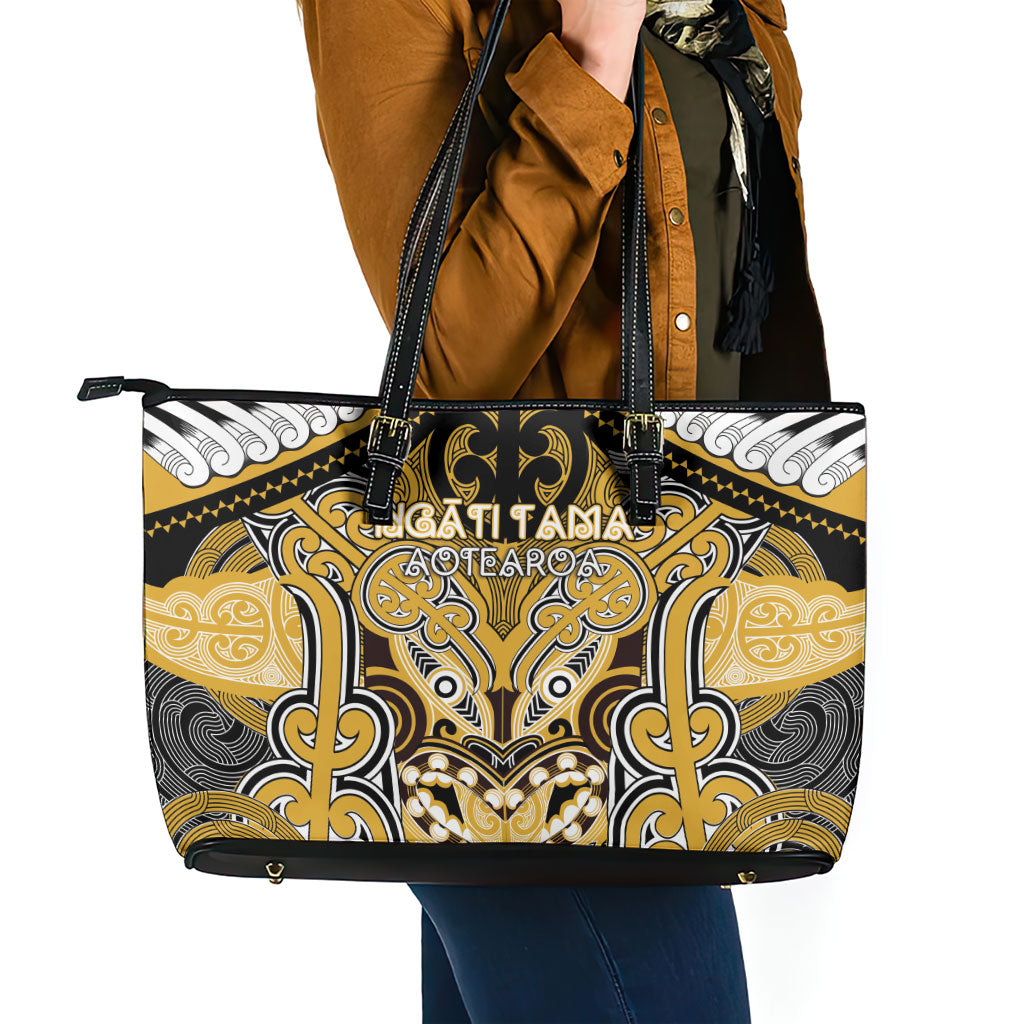 Aotearoa Iwi Ngati Tama Leather Tote Bag Maori Kowhaiwhai Pattern LT19 - Polynesian Pride
