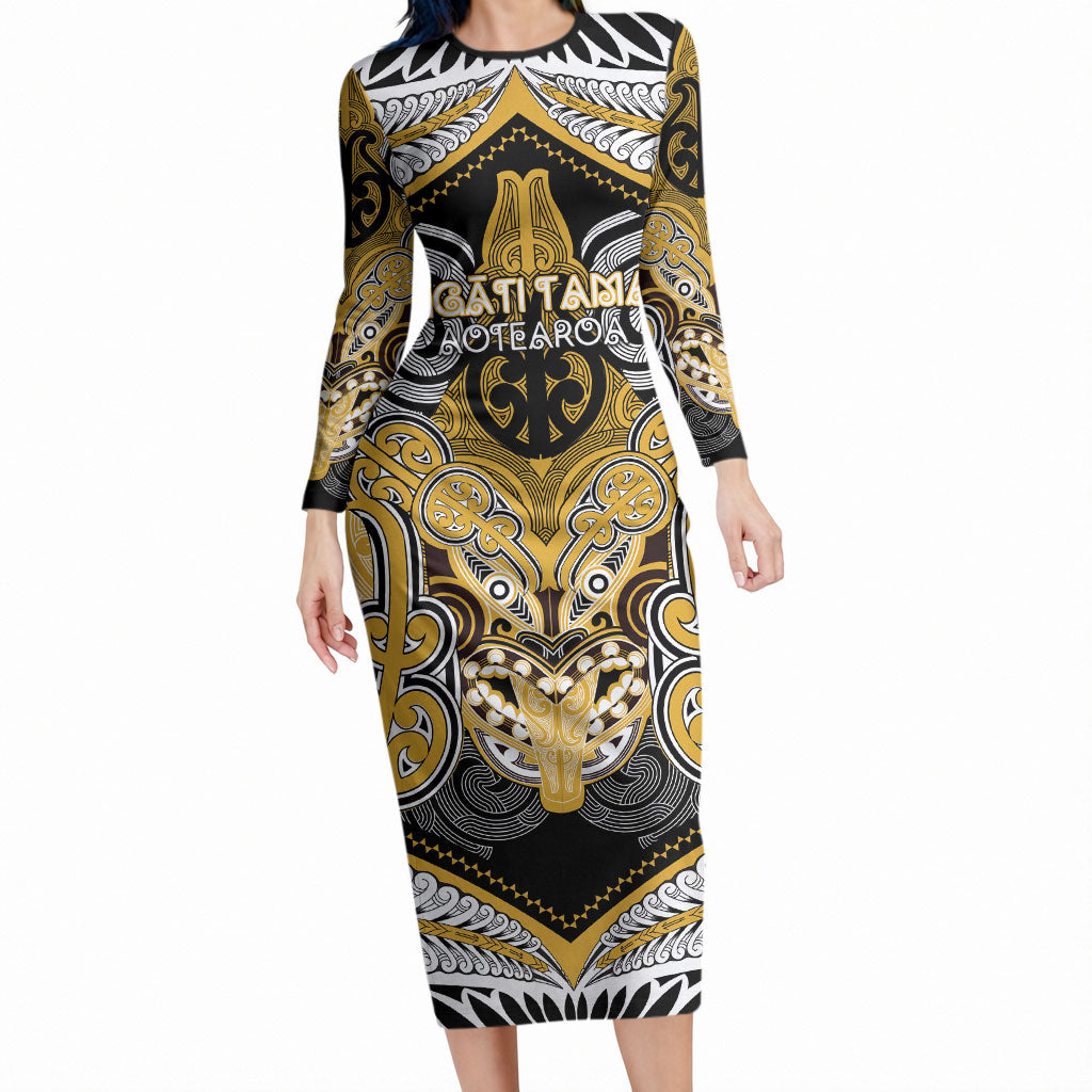 Aotearoa Iwi Ngati Tama Personalised Long Sleeve Bodycon Dress Maori Kowhaiwhai Pattern LT19 Long Dress Yellow - Polynesian Pride