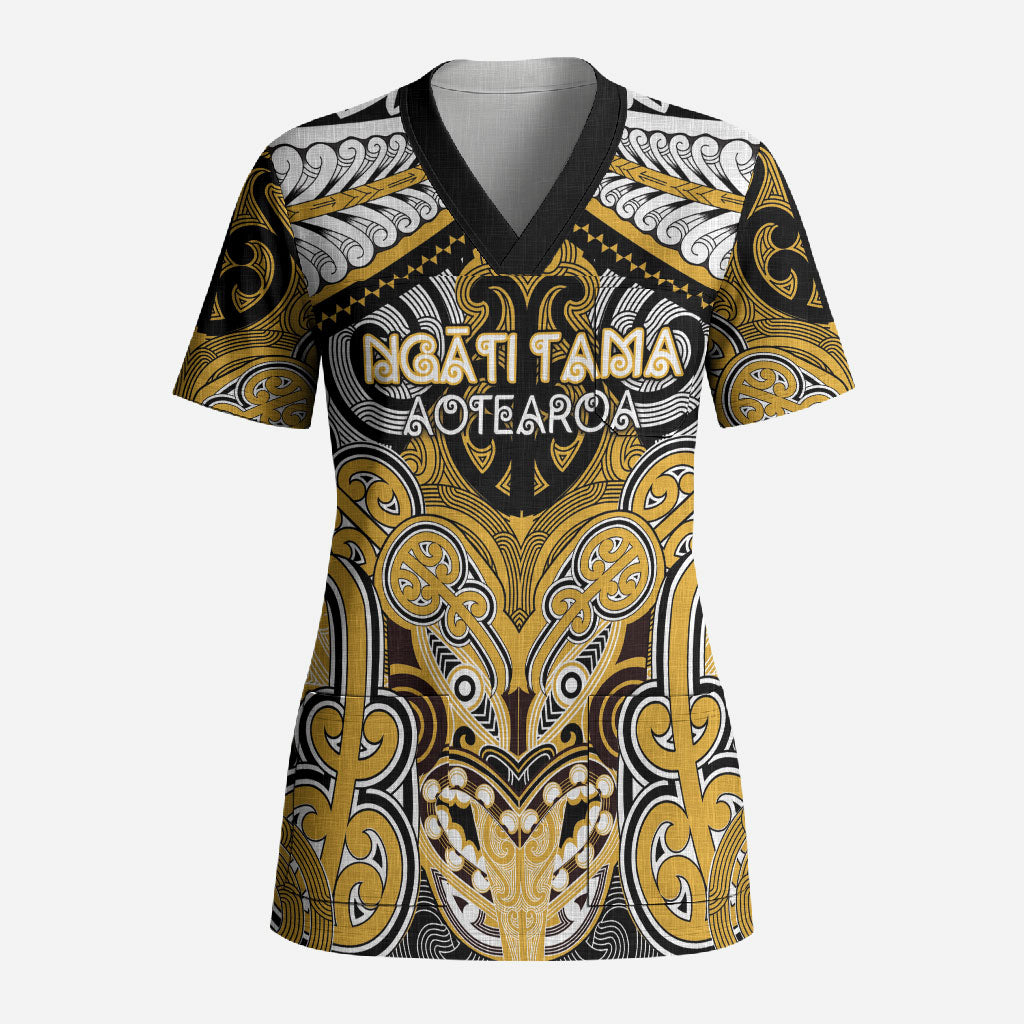 Aotearoa Iwi Ngati Tama Personalised Scrub Top Maori Kowhaiwhai Pattern LT19 Adult Yellow - Polynesian Pride
