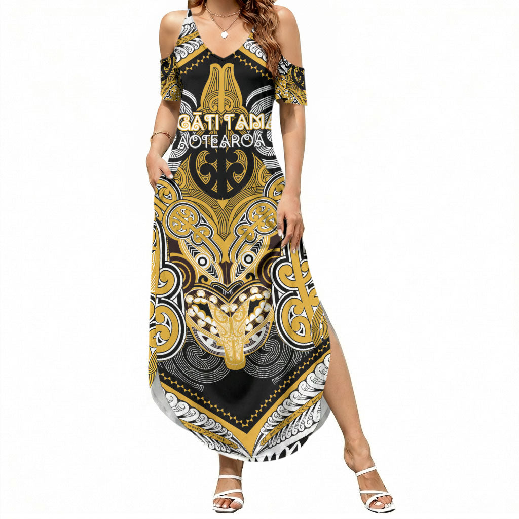 Aotearoa Iwi Ngati Tama Personalised Summer Maxi Dress Maori Kowhaiwhai Pattern LT19 Women Yellow - Polynesian Pride