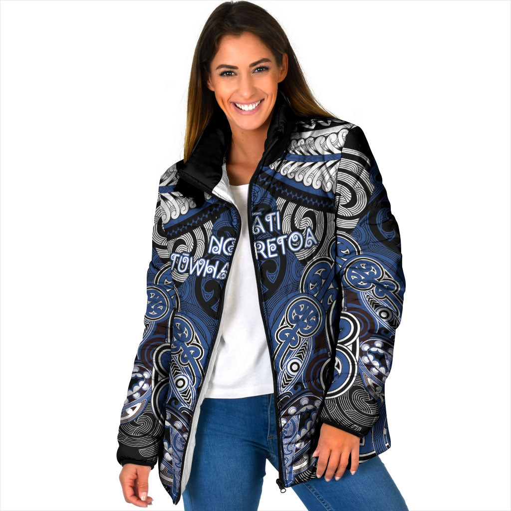 Aotearoa Iwi Ngati Tuwharetoa Personalised Padded Jacket Maori Kowhaiwhai Pattern LT19 Women Blue - Polynesian Pride