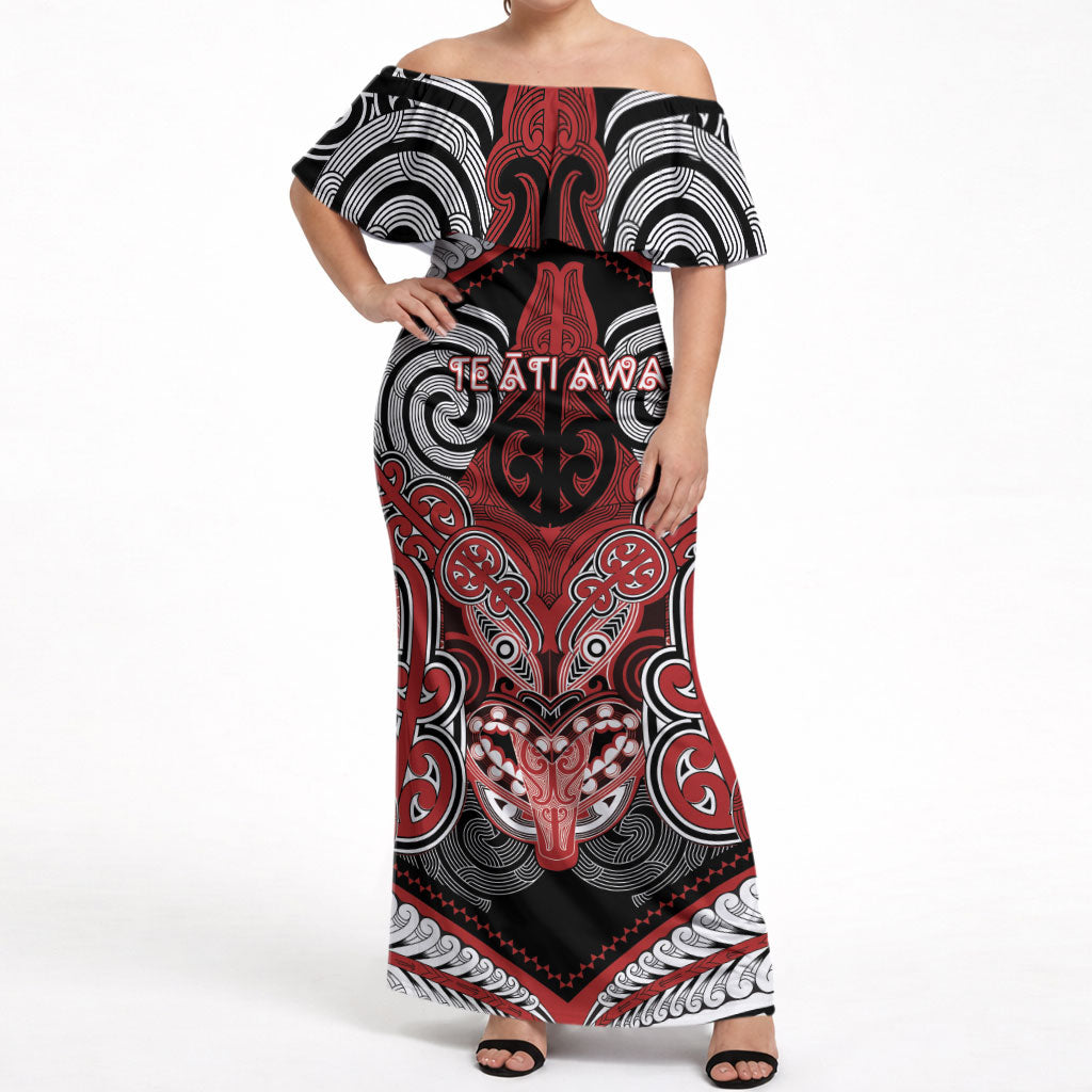 Aotearoa Iwi Te Ati Awa Personalised Off Shoulder Maxi Dress Maori Kowhaiwhai Pattern LT19 Women Red - Polynesian Pride