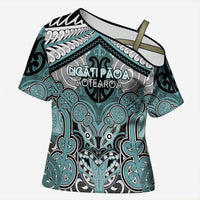 Aotearoa Iwi Ngati Paoa Personalised Cross Shoulder Shirt Maori Kowhaiwhai Pattern LT19 Female Turquoise - Polynesian Pride