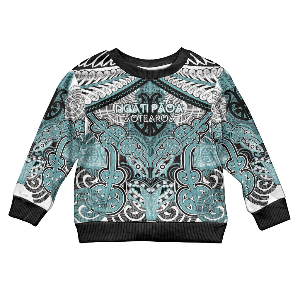Aotearoa Iwi Ngati Paoa Personalised Kid Ugly Christmas Sweater Maori Kowhaiwhai Pattern LT19 Kid Turquoise - Polynesian Pride