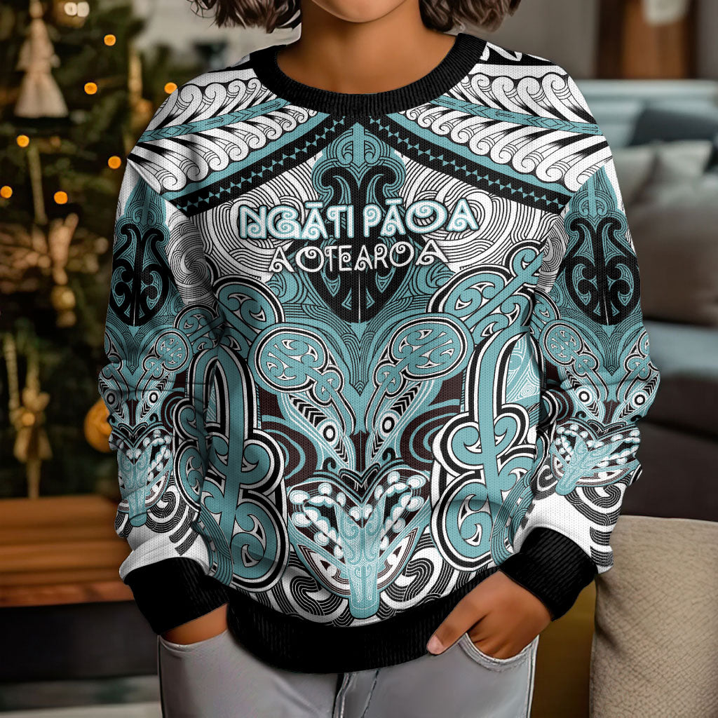 Aotearoa Iwi Ngati Paoa Personalised Kid Ugly Christmas Sweater Maori Kowhaiwhai Pattern LT19 - Polynesian Pride