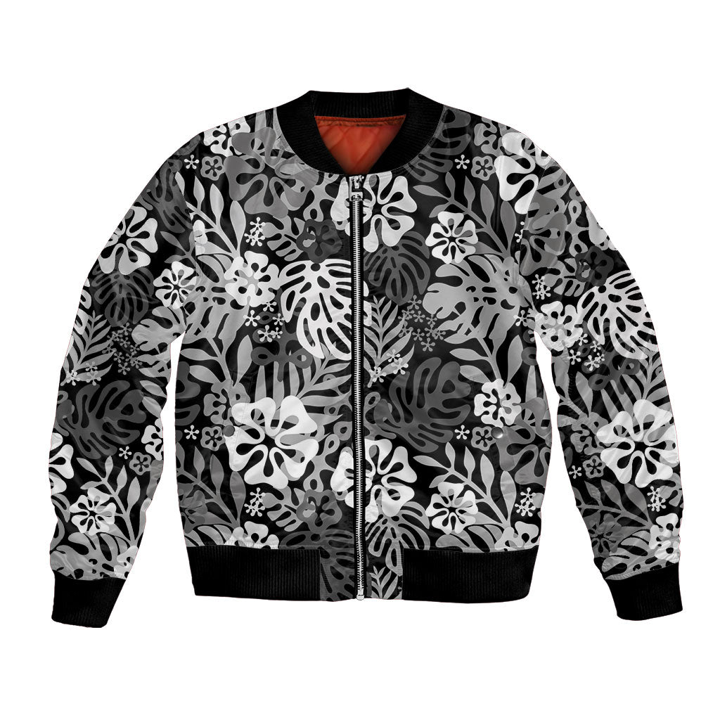 Black Aloha Hawaiian Bomber Jacket Monstera Hibiscus Tropical Pattern LT19 Unisex Black - Polynesian Pride