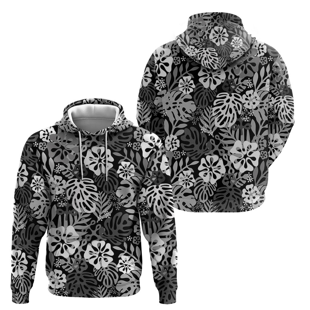 Black Aloha Hawaiian Hoodie Monstera Hibiscus Tropical Pattern