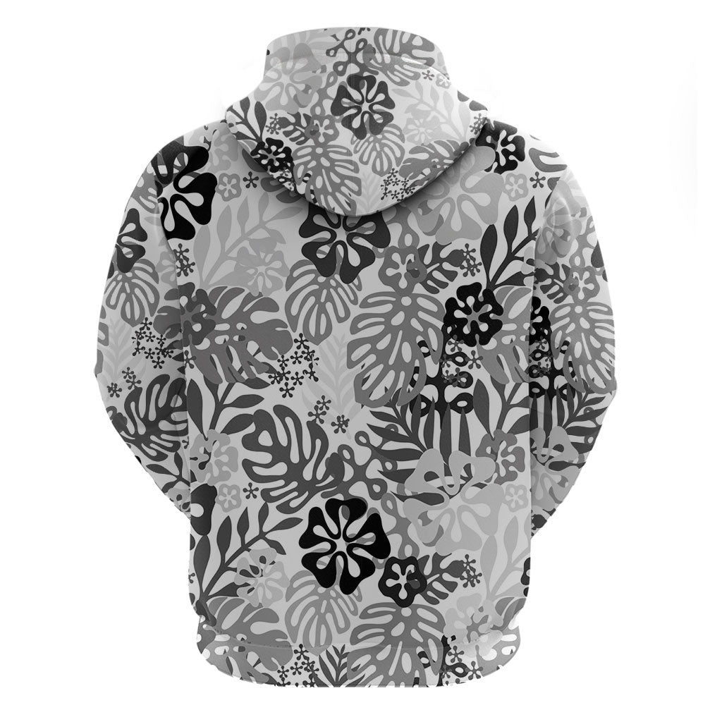White Aloha Hawaiian Zip Hoodie Monstera Hibiscus Tropical Pattern