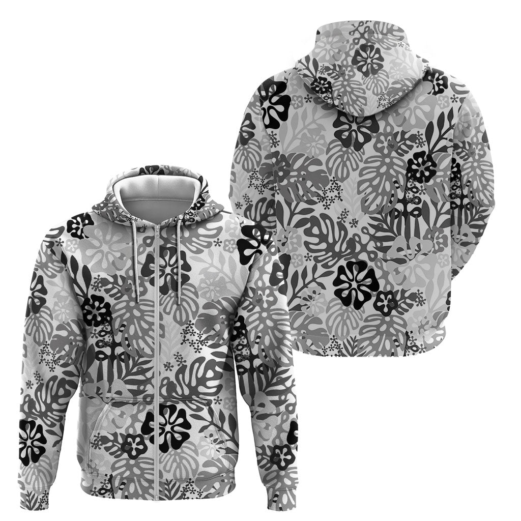 White Aloha Hawaiian Zip Hoodie Monstera Hibiscus Tropical Pattern