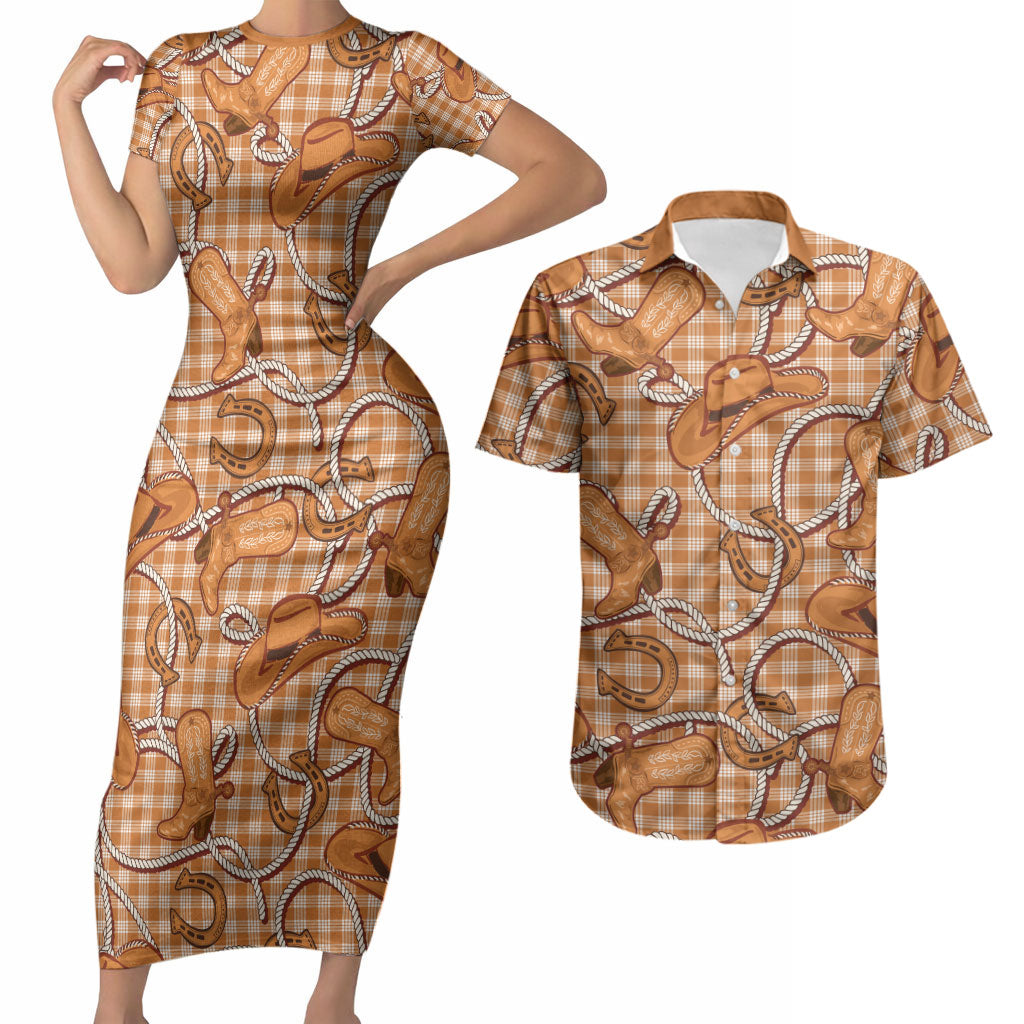 Brown Hawaii Palaka Cowboy Couples Matching Short Sleeve Bodycon Dress and Hawaiian Shirt Hawaiian Paniolo Festival Spirit