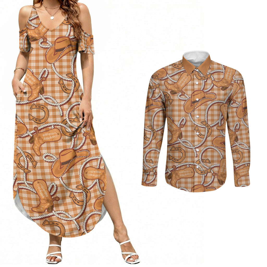 Brown Hawaii Palaka Cowboy Couples Matching Summer Maxi Dress and Long Sleeve Button Shirt Hawaiian Paniolo Festival Spirit