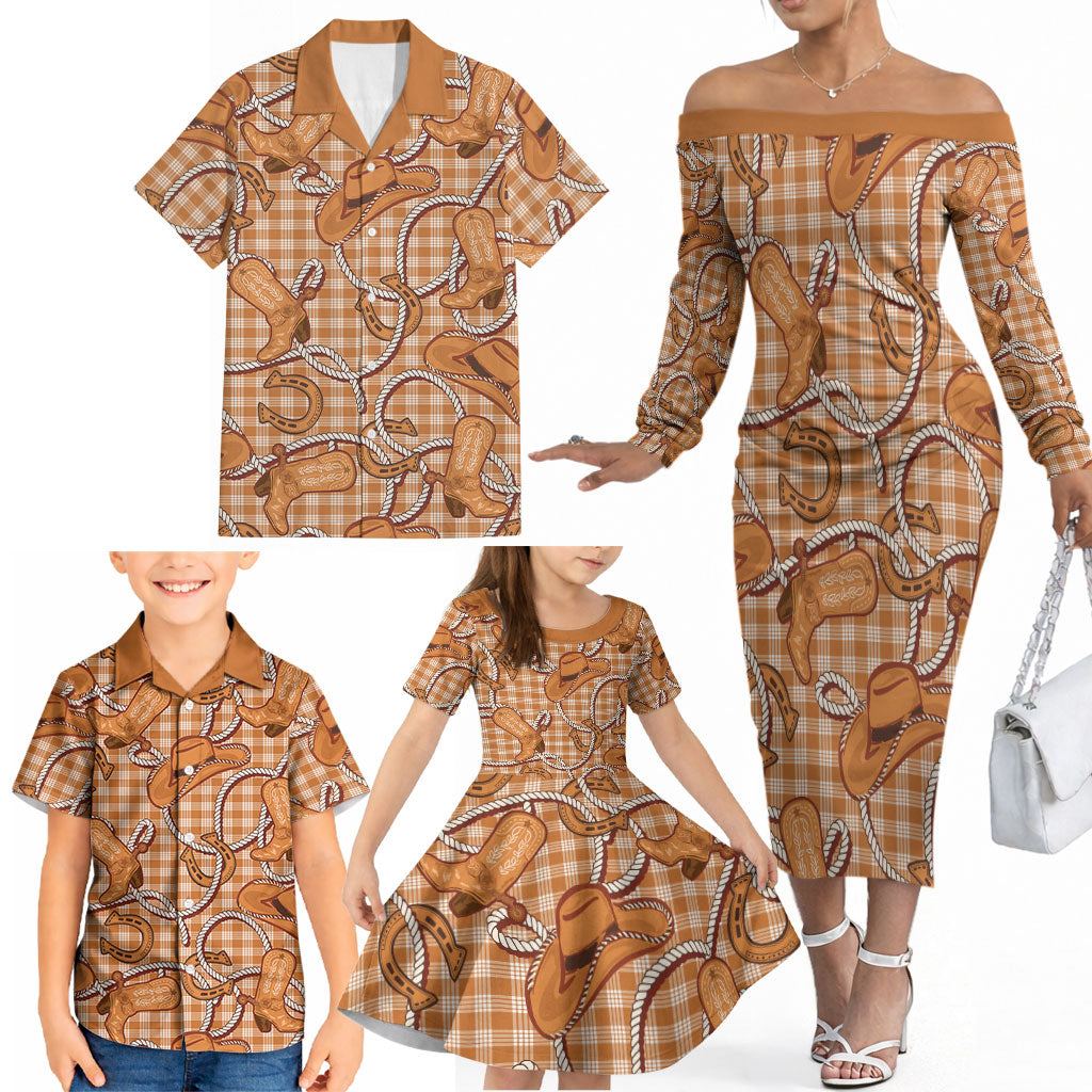 Brown Hawaii Palaka Cowboy Family Matching Off The Shoulder Long Sleeve Dress and Hawaiian Shirt Hawaiian Paniolo Festival Spirit