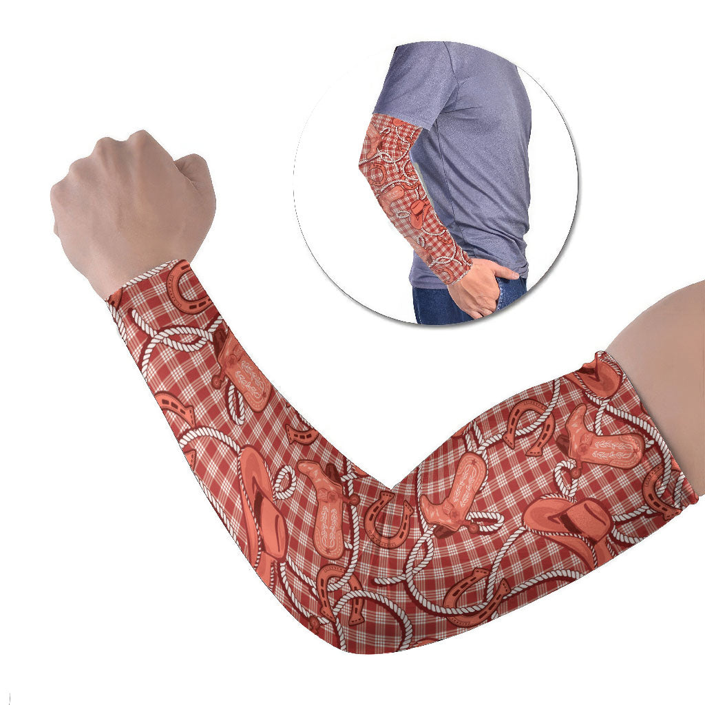 Red Hawaii Palaka Cowboy Arm Sleeves Hawaiian Paniolo Festival Spirit