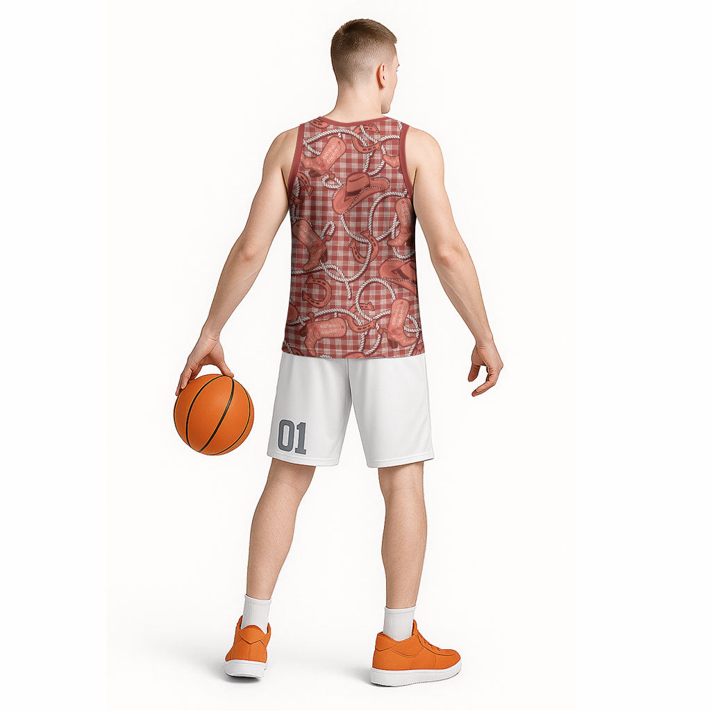 Red Hawaii Palaka Cowboy Basketball Jersey Hawaiian Paniolo Festival Spirit LT19 - Polynesian Pride