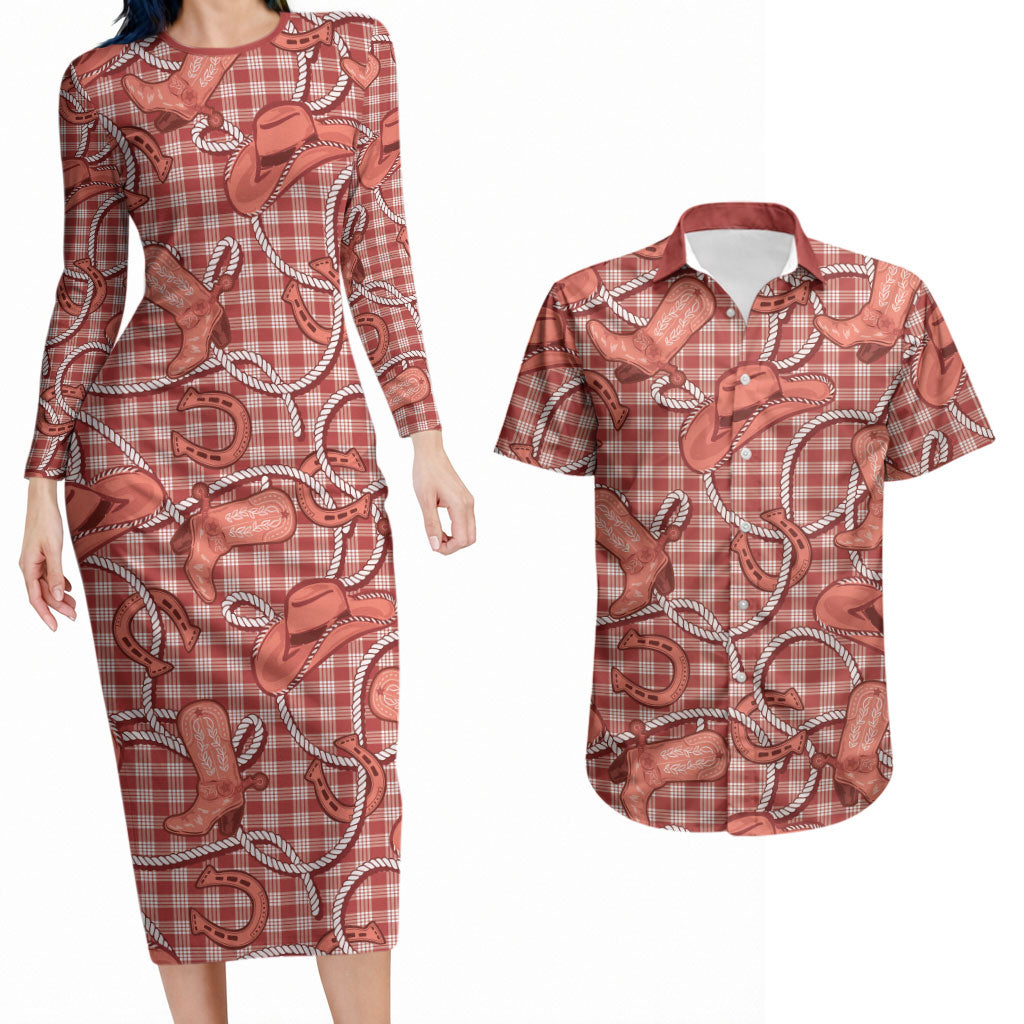 Red Hawaii Palaka Cowboy Couples Matching Long Sleeve Bodycon Dress and Hawaiian Shirt Hawaiian Paniolo Festival Spirit LT19 Red - Polynesian Pride