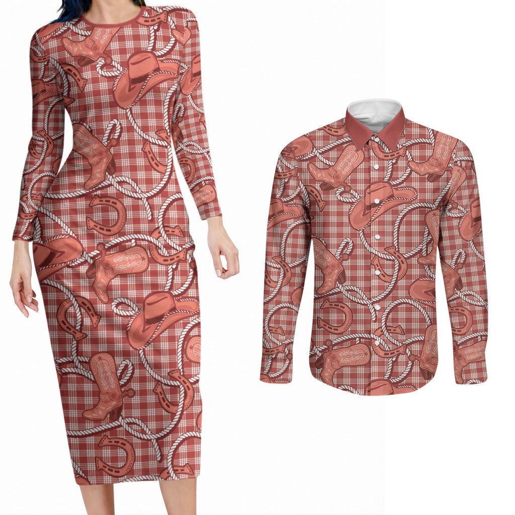 Red Hawaii Palaka Cowboy Couples Matching Long Sleeve Bodycon Dress and Long Sleeve Button Shirt Hawaiian Paniolo Festival Spirit