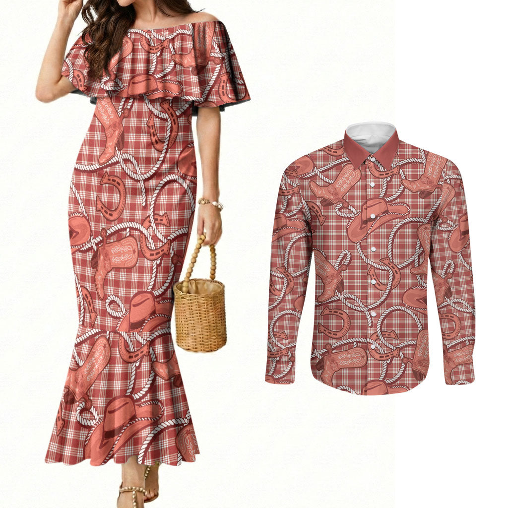 Red Hawaii Palaka Cowboy Couples Matching Mermaid Dress and Long Sleeve Button Shirt Hawaiian Paniolo Festival Spirit