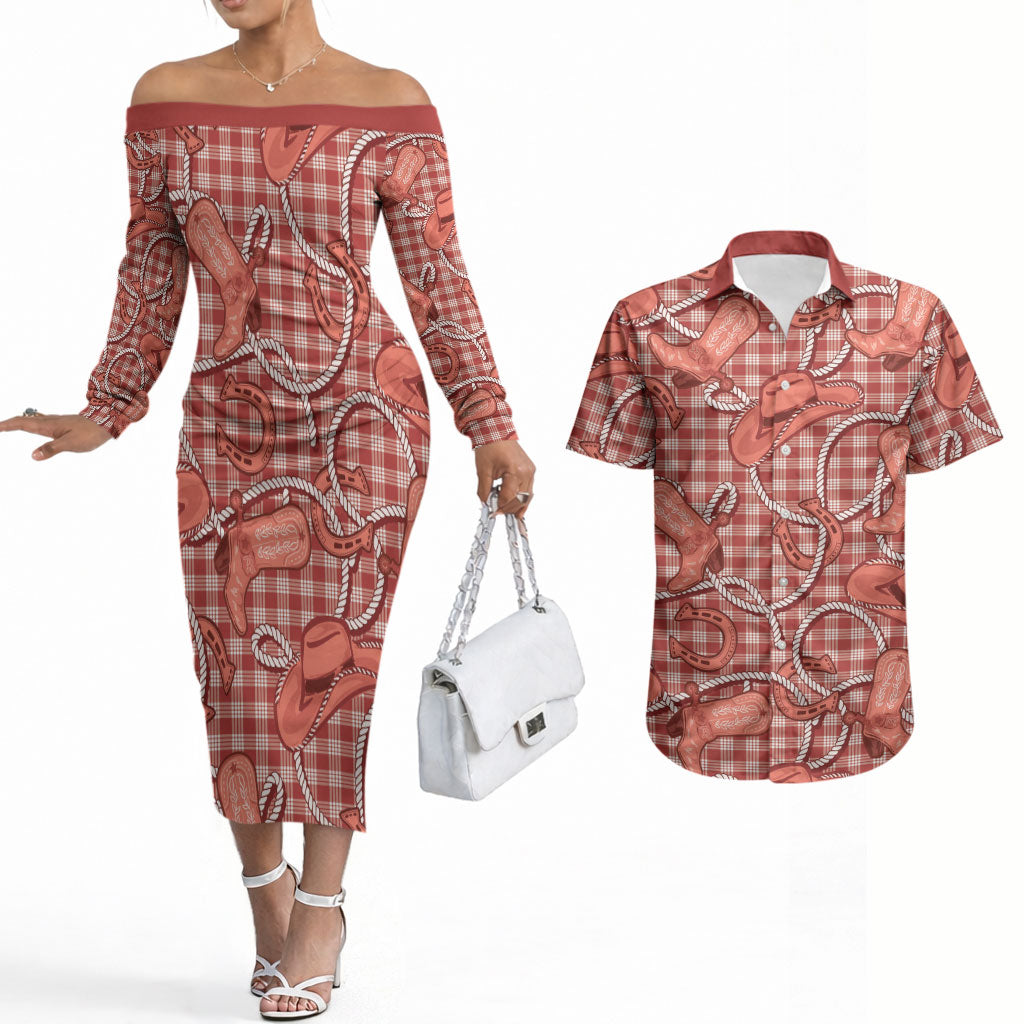 Red Hawaii Palaka Cowboy Couples Matching Off The Shoulder Long Sleeve Dress and Hawaiian Shirt Hawaiian Paniolo Festival Spirit