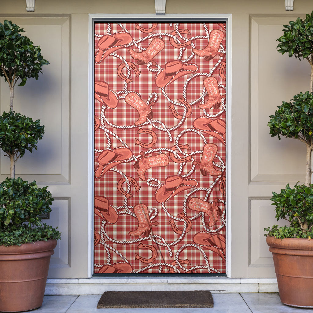 Red Hawaii Palaka Cowboy Door Cover Hawaiian Paniolo Festival Spirit