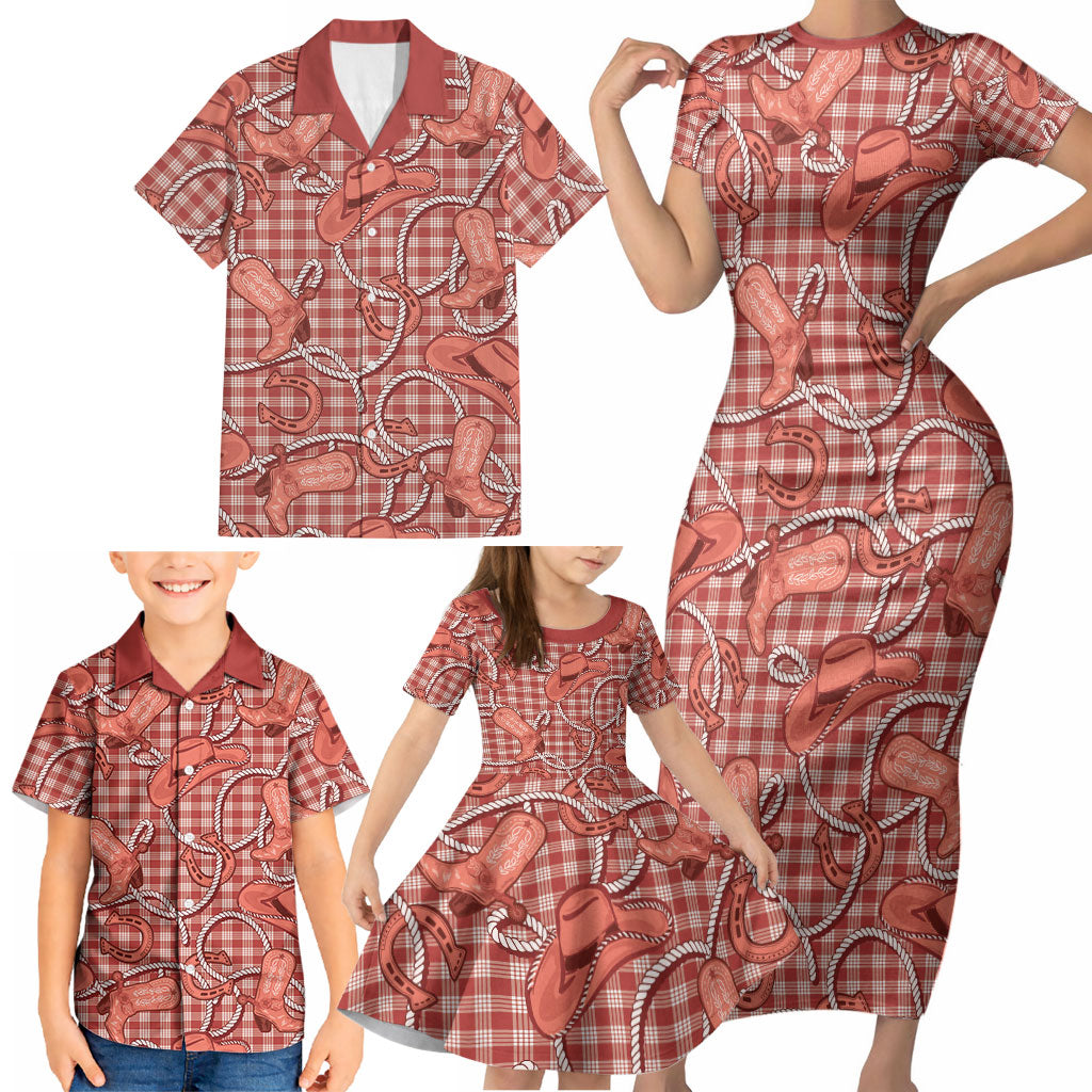 Red Hawaii Palaka Cowboy Family Matching Short Sleeve Bodycon Dress and Hawaiian Shirt Hawaiian Paniolo Festival Spirit