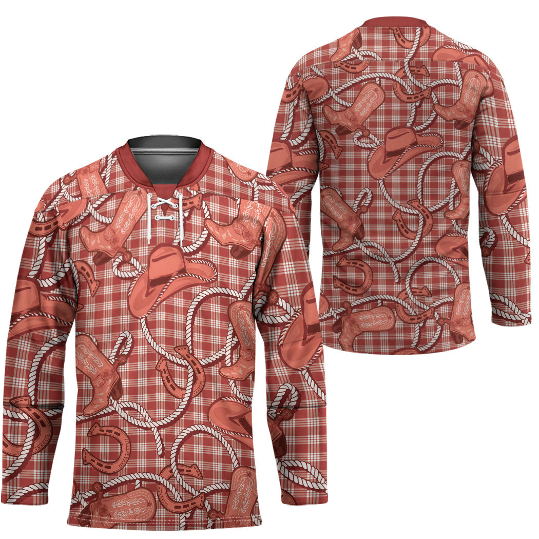 Red Hawaii Palaka Cowboy Hockey Jersey Hawaiian Paniolo Festival Spirit LT19 - Polynesian Pride