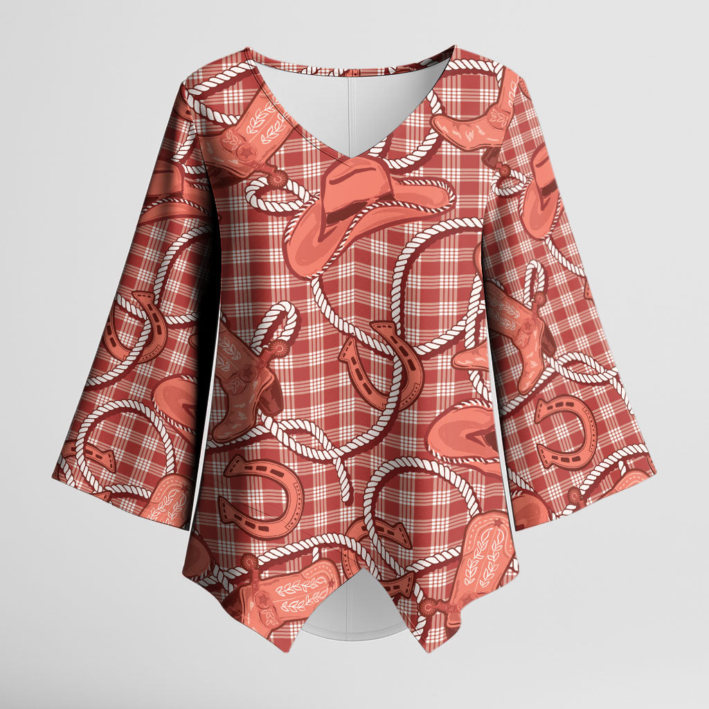 Red Hawaii Palaka Cowboy Kimono Sleeve Blouse Hawaiian Paniolo Festival Spirit LT19 Female Red - Polynesian Pride