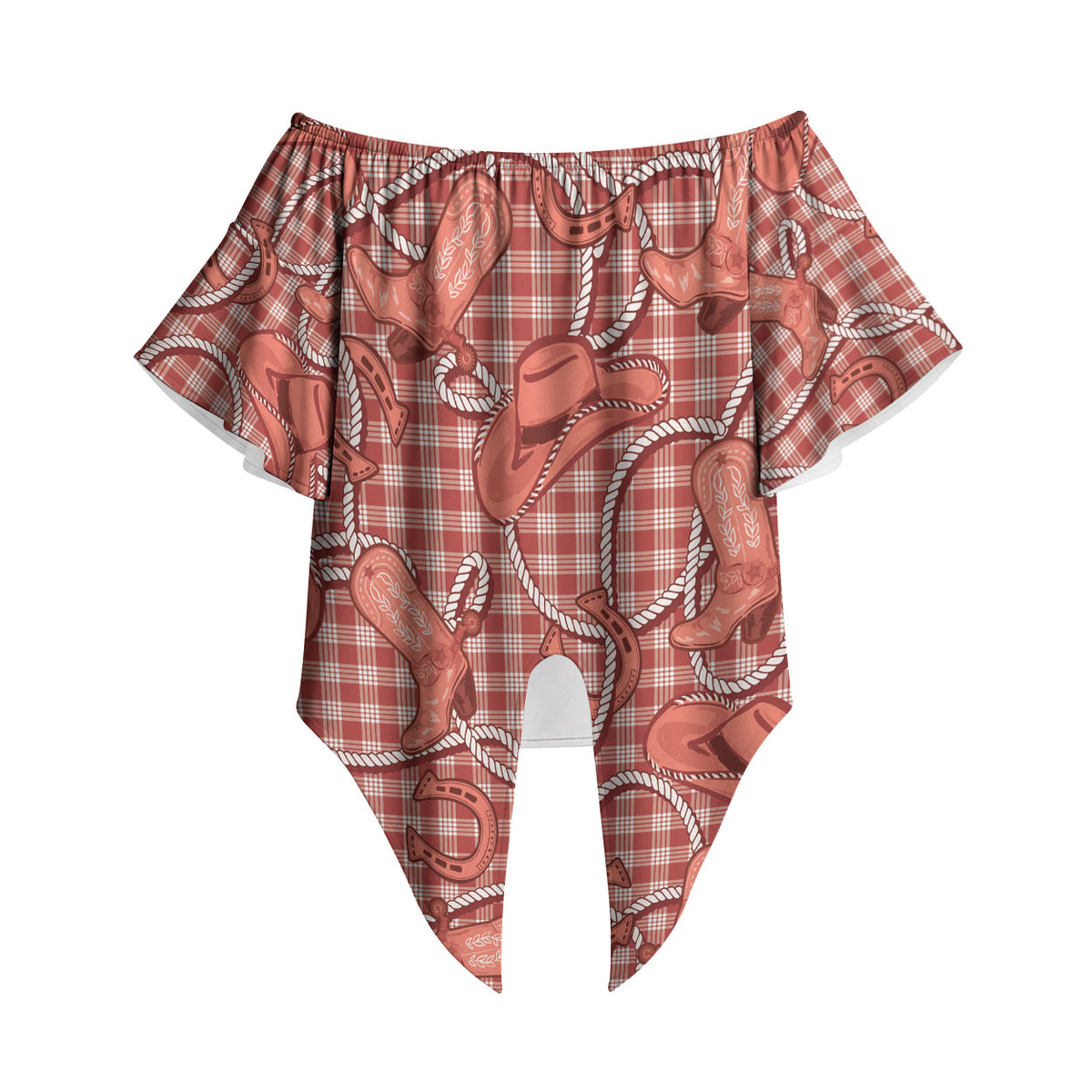 Red Hawaii Palaka Cowboy Off Shoulder Wrap Waist Top Hawaiian Paniolo Festival Spirit LT19 - Polynesian Pride