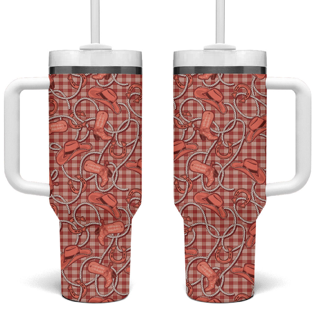Red Hawaii Palaka Cowboy Tumbler With Handle Hawaiian Paniolo Festival Spirit