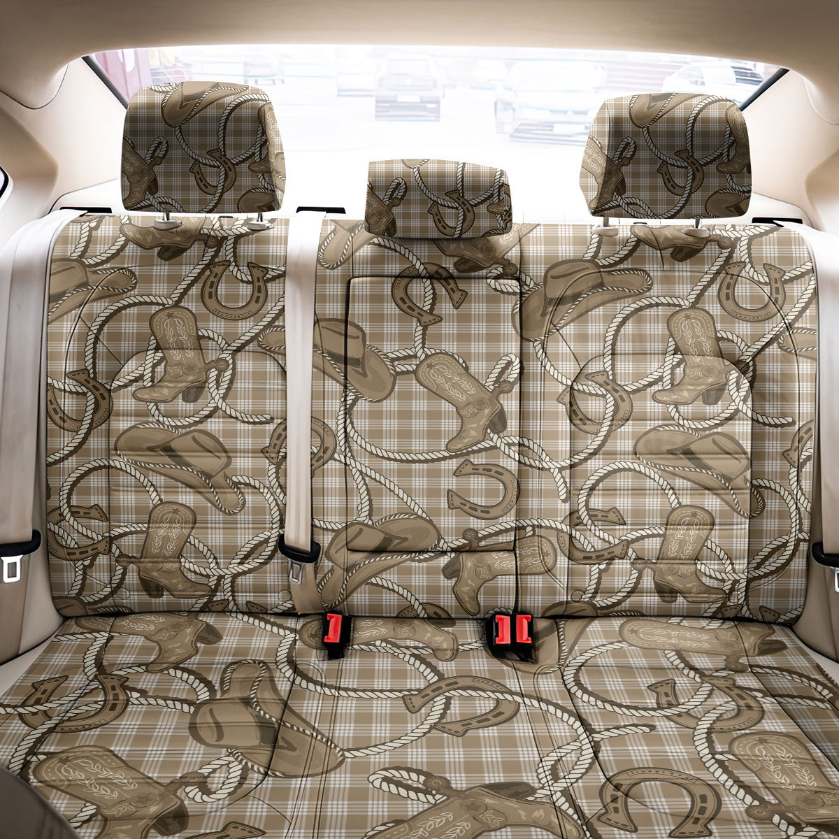 Beige Hawaii Palaka Cowboy Back Car Seat Cover Hawaiian Paniolo Festival Spirit LT19 - Polynesian Pride