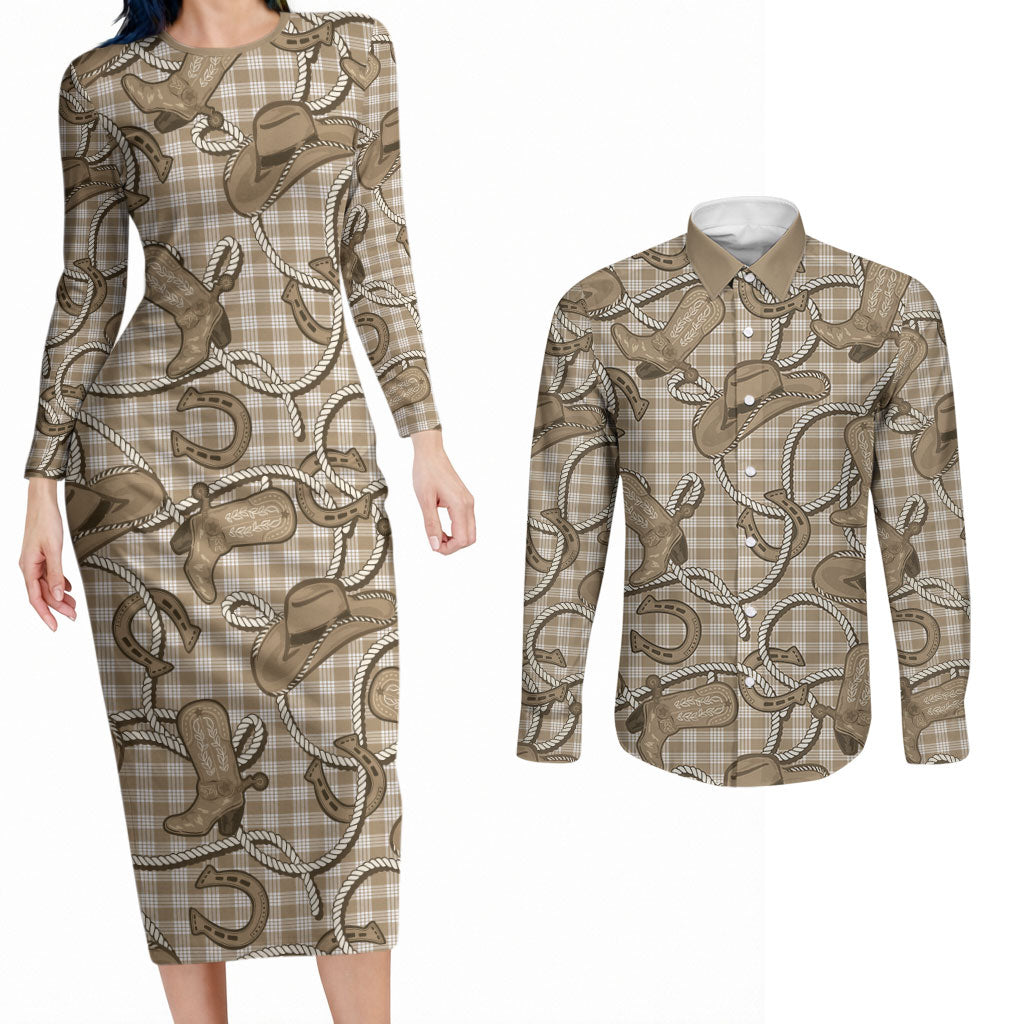 Beige Hawaii Palaka Cowboy Couples Matching Long Sleeve Bodycon Dress and Long Sleeve Button Shirt Hawaiian Paniolo Festival Spirit