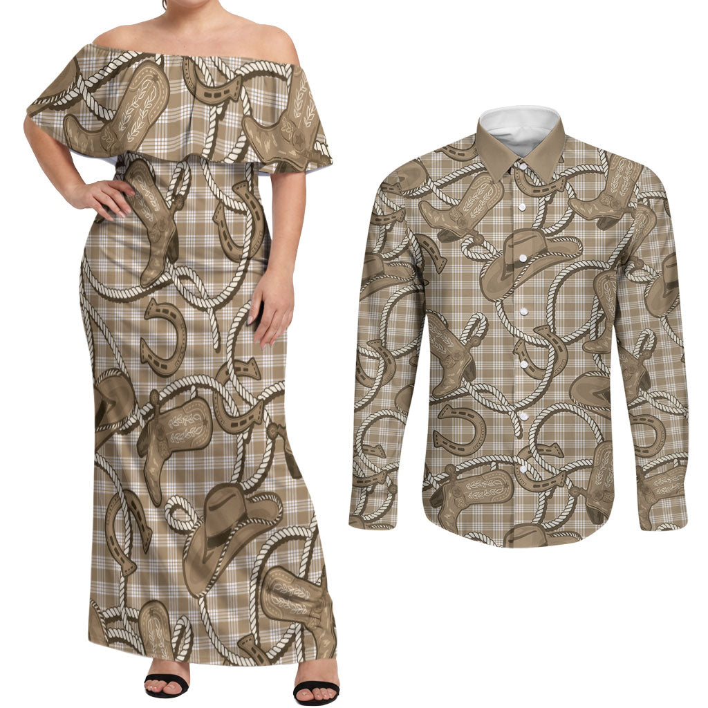Beige Hawaii Palaka Cowboy Couples Matching Off Shoulder Maxi Dress and Long Sleeve Button Shirt Hawaiian Paniolo Festival Spirit
