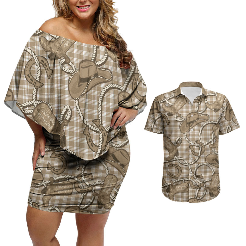 Beige Hawaii Palaka Cowboy Couples Matching Off Shoulder Short Dress and Hawaiian Shirt Hawaiian Paniolo Festival Spirit