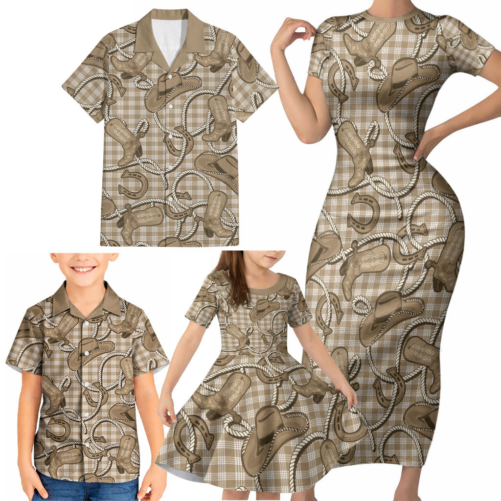 Beige Hawaii Palaka Cowboy Family Matching Short Sleeve Bodycon Dress and Hawaiian Shirt Hawaiian Paniolo Festival Spirit