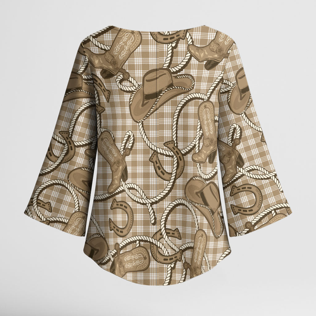 Beige Hawaii Palaka Cowboy Kimono Sleeve Blouse Hawaiian Paniolo Festival Spirit LT19 - Polynesian Pride