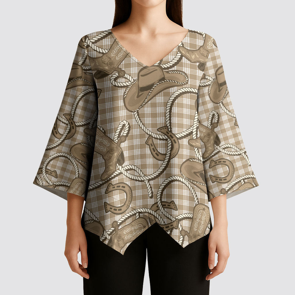 Beige Hawaii Palaka Cowboy Kimono Sleeve Blouse Hawaiian Paniolo Festival Spirit LT19 - Polynesian Pride