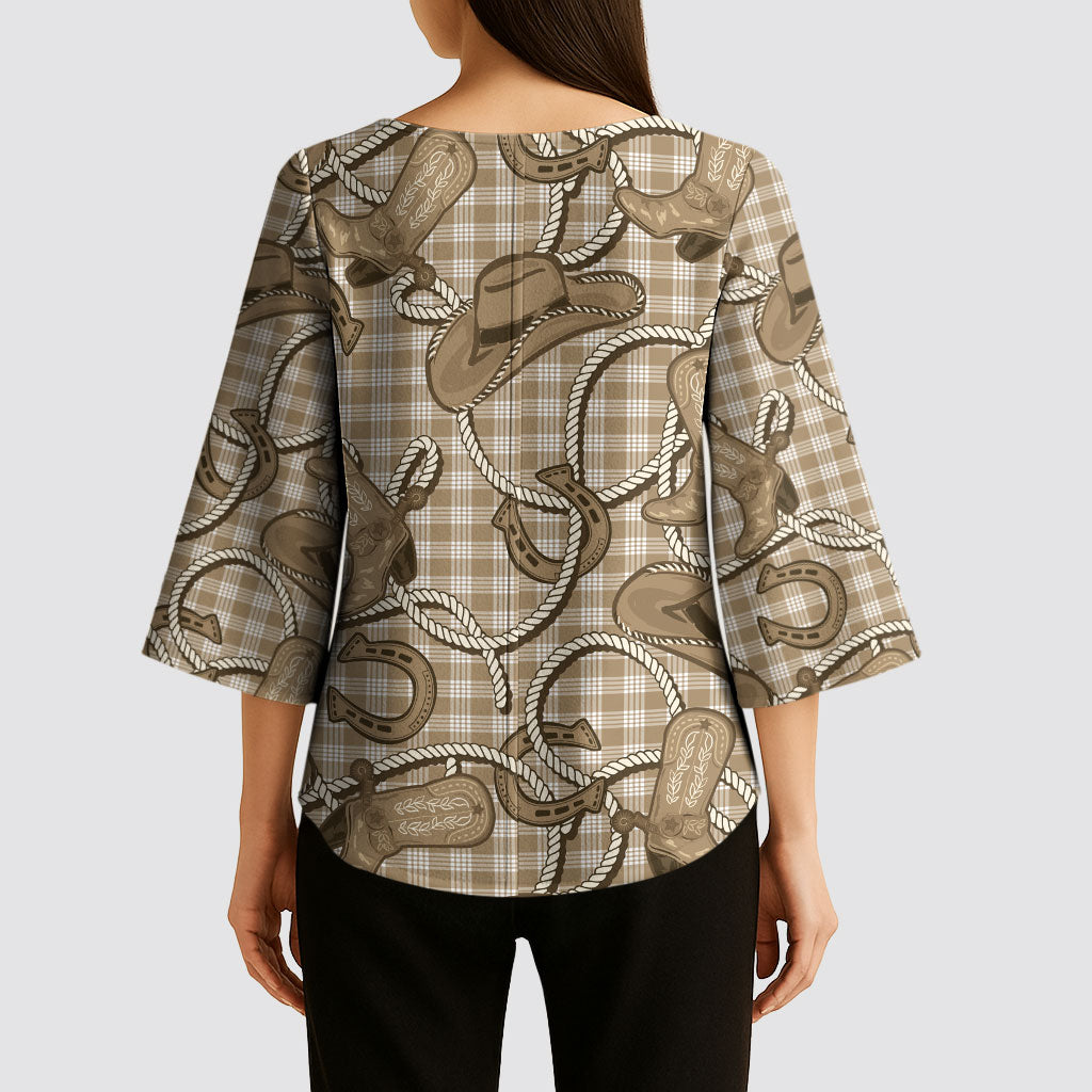 Beige Hawaii Palaka Cowboy Kimono Sleeve Blouse Hawaiian Paniolo Festival Spirit LT19 - Polynesian Pride