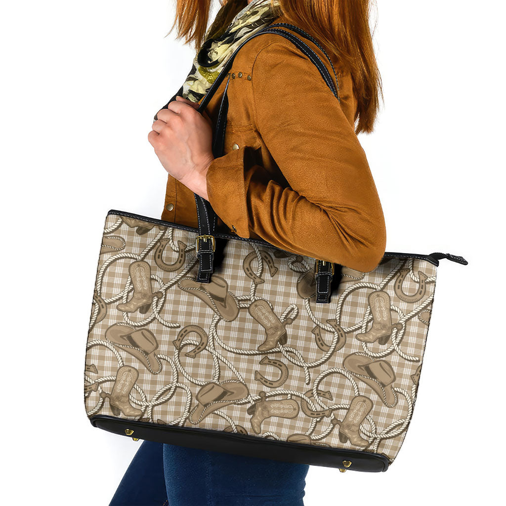Beige Hawaii Palaka Cowboy Leather Tote Bag Hawaiian Paniolo Festival Spirit