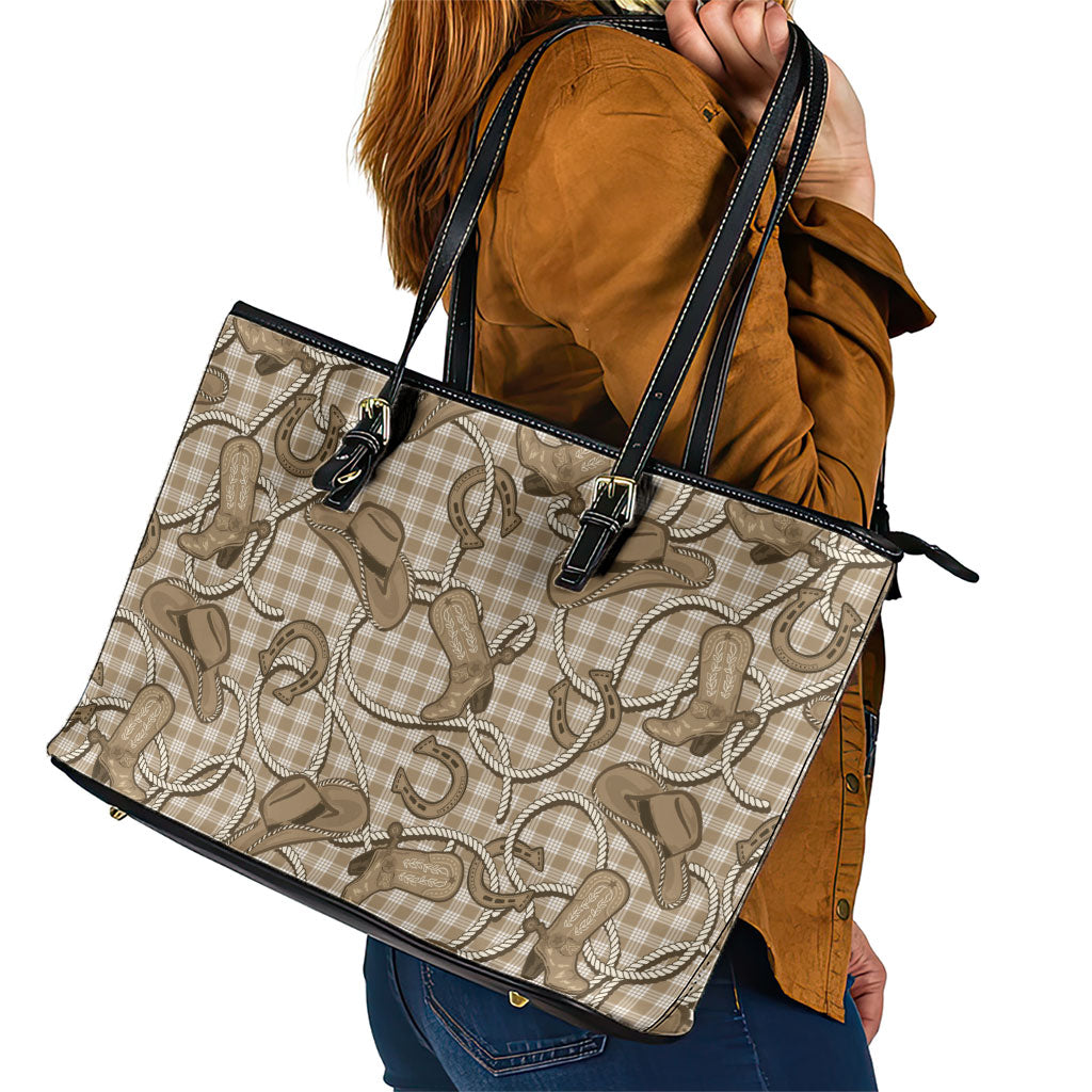 Beige Hawaii Palaka Cowboy Leather Tote Bag Hawaiian Paniolo Festival Spirit LT19 - Polynesian Pride